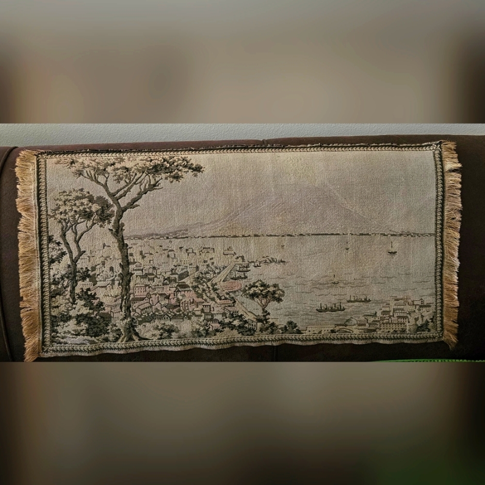 Antique ltalian Tapestry 'The Harbour at Naples' Featuring Mount Vesuvius
